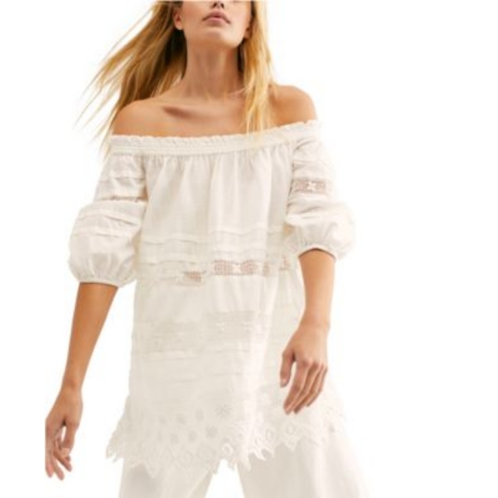 Free People Sounds Of Summer White Embroidered Lace Off Shoulder Tunic Dress XS